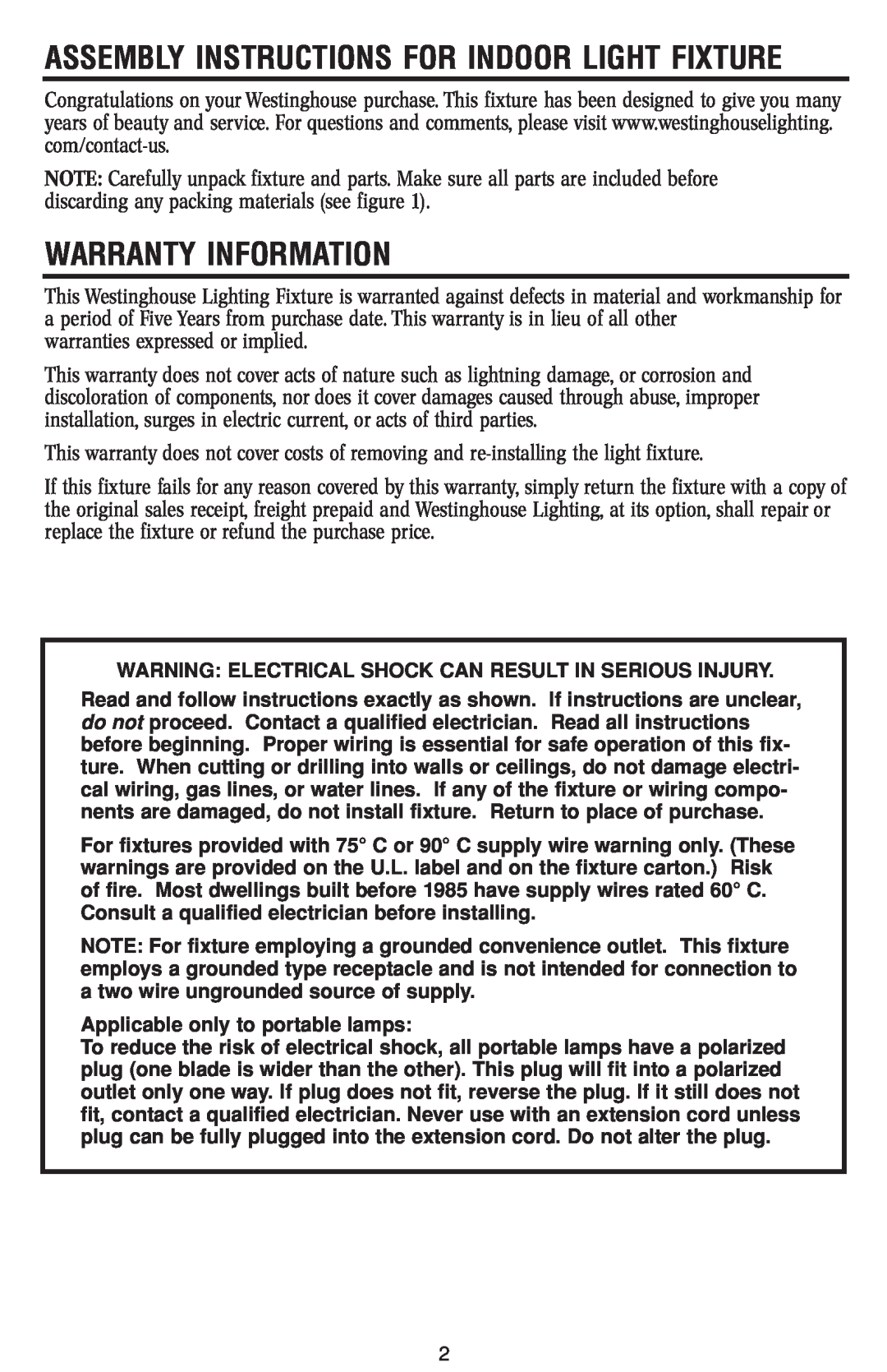 Westinghouse W-182 110712 owner manual Warranty Information, Assembly Instructions For Indoor Light Fixture 